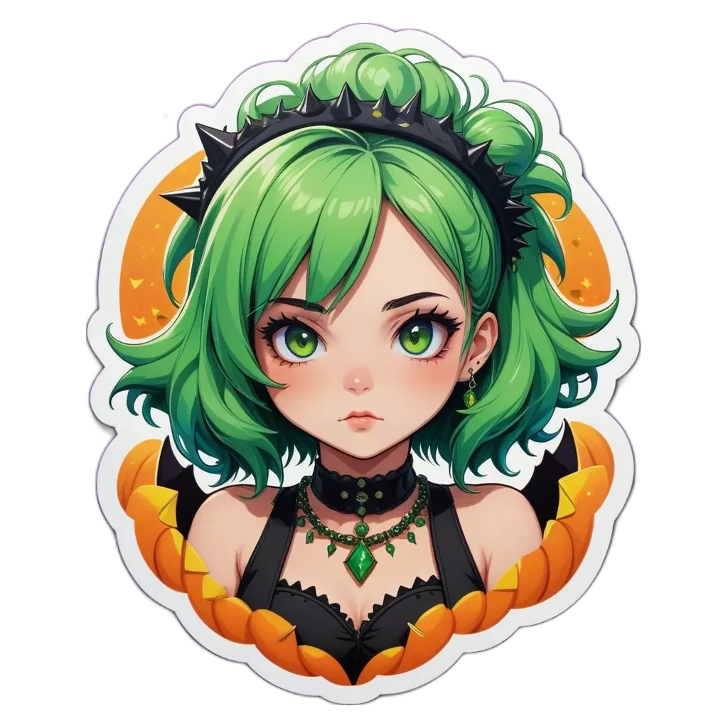 A girl with green hair and a black and gold collar is looking at the camera.