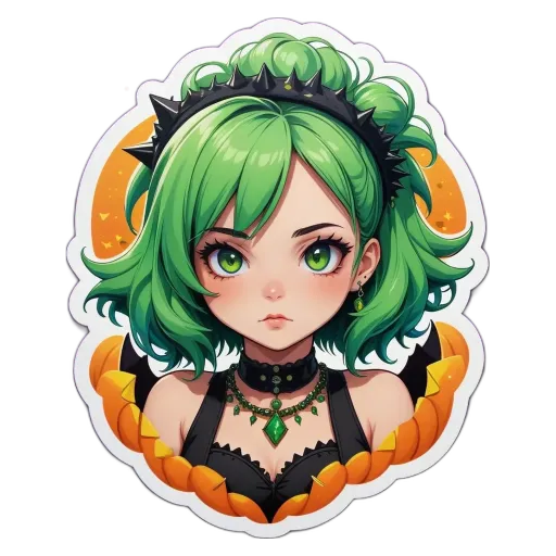 A girl with green hair and a black and gold collar is looking at the camera.