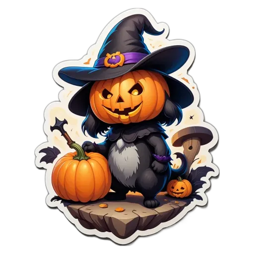A pumpkin shaped sticker with a cat in a witch costume holding a pumpkin.