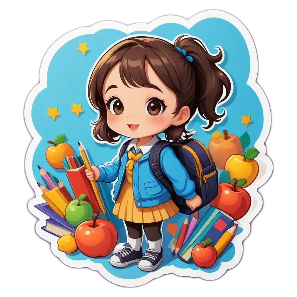 A girl is standing in front of apples and books with a backpack on.