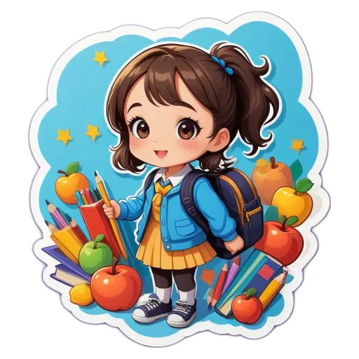 A girl is standing in front of apples and books with a backpack on.