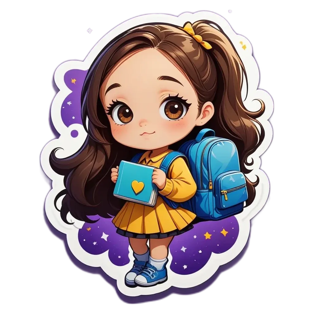 A cartoon girl with a backpack holding a book.