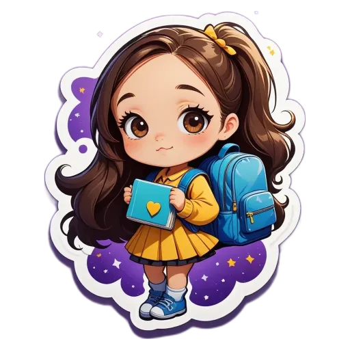 A cartoon girl with a backpack holding a book.
