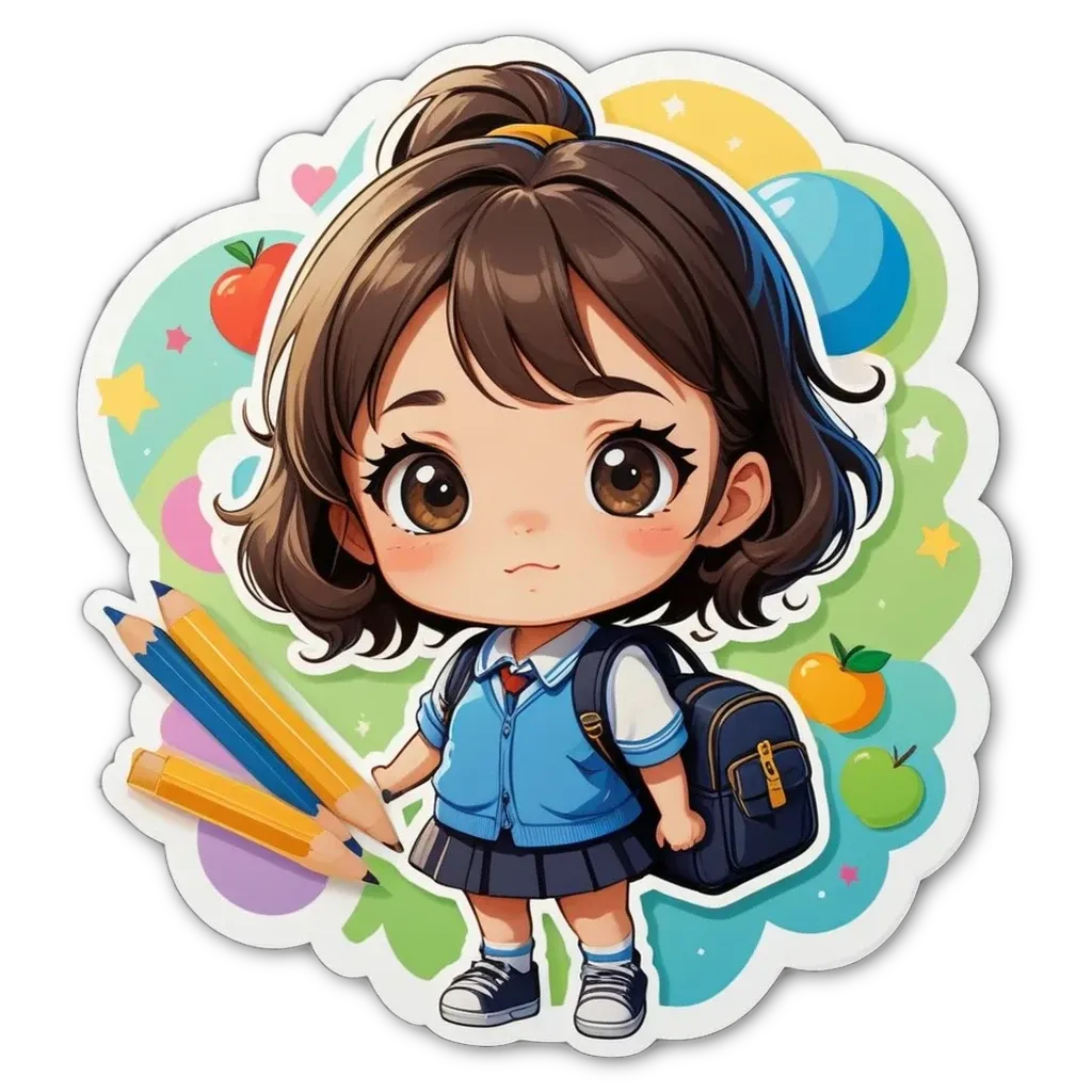 A girl wearing a blue and white school uniform with a backpack.
