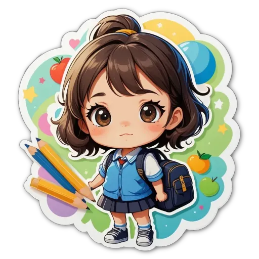 A girl wearing a blue and white school uniform with a backpack.