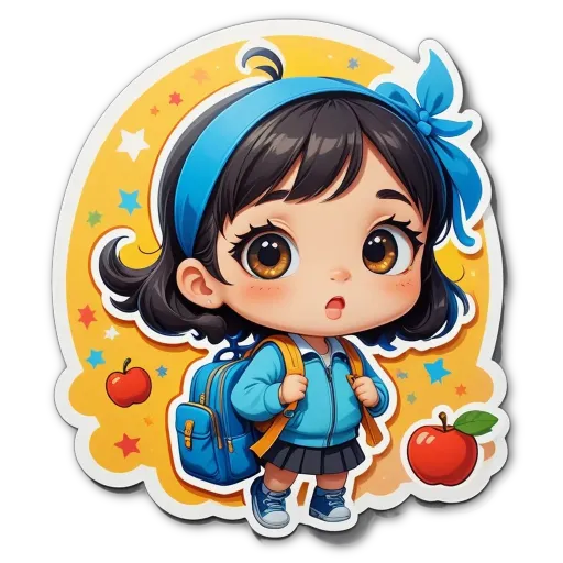 A girl with a backpack standing in front of apples and stars.
