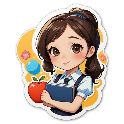 A girl wearing a school uniform holding an apple and a book.