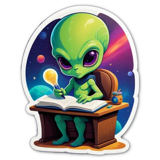 A sticker of an alien at a desk with a pencil and book.