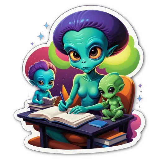 A sticker of a woman writing in a book while three alien children sit nearby.