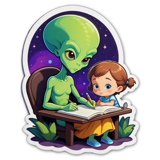 A child writing with a green alien on a sticker.