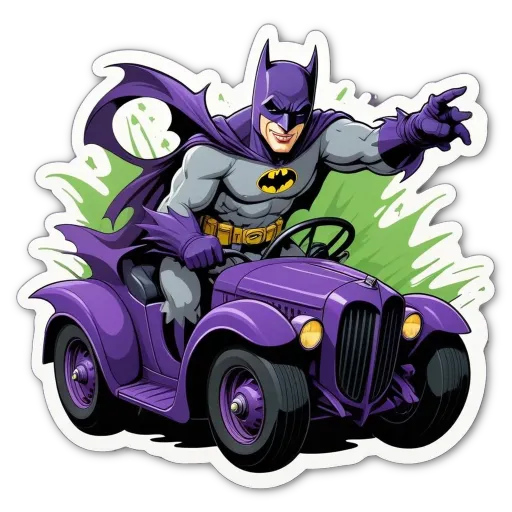 A cartoon image of Batman driving a toy car.