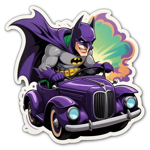 A sticker of a Batman driving a toy car.