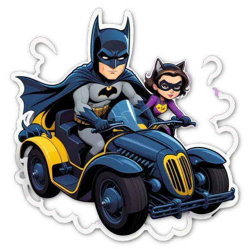 A cartoon image of a bat and kitty riding a motorbike.