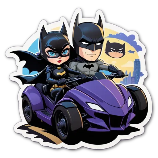 A Batman and Catwoman riding a purple four wheeler.