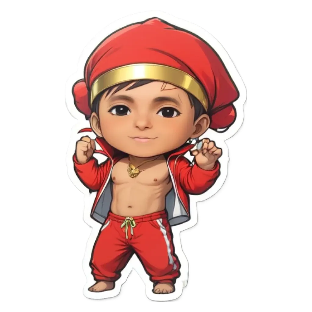 A boy is wearing a red jacket and red pants.