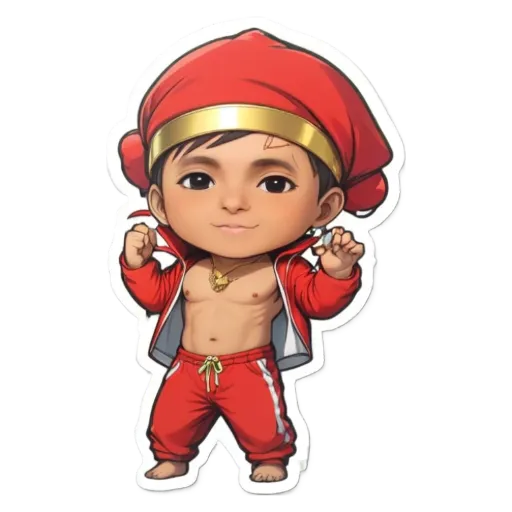 A boy is wearing a red jacket and red pants.