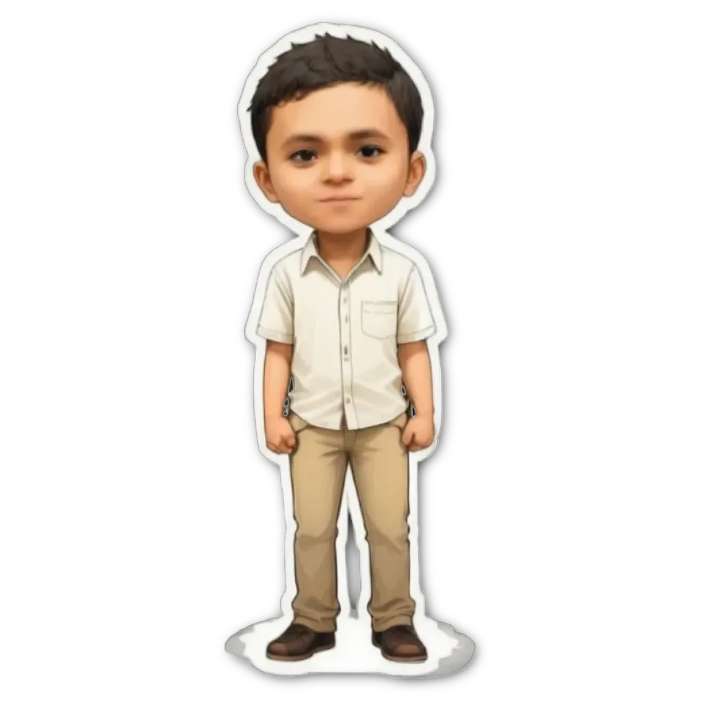 A boy wearing a white shirt and khaki pants is standing up straight.