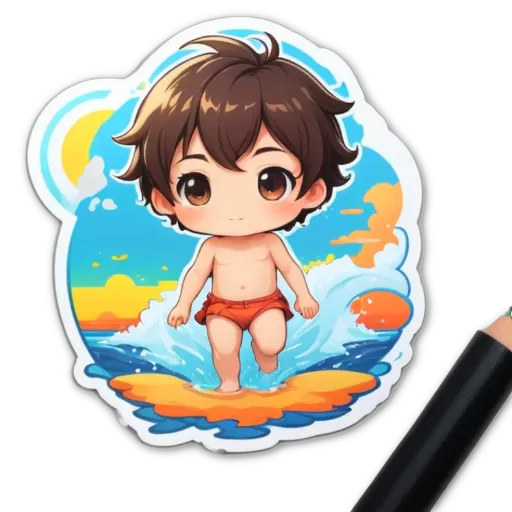 a boy in the beach in front of a sunset.
