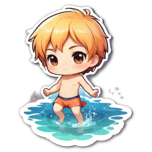 A boy is playing in the water and has his shirt off.
