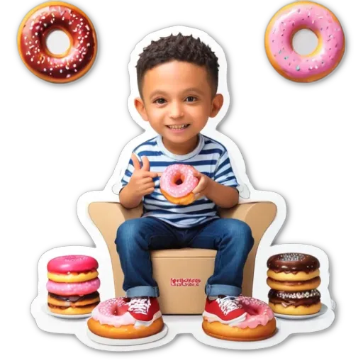 A boy is sitting in a chair and holding a donut.