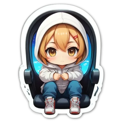 A girl is sitting in a car seat with her hood up.