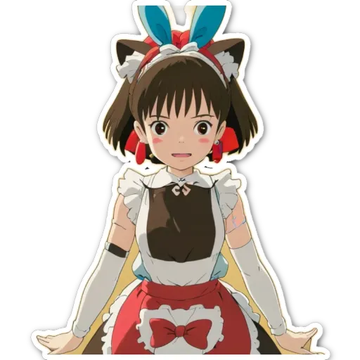 A girl is wearing an apron and standing in a black and white background.