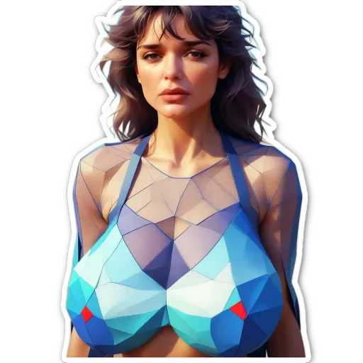 A woman with a big bust is wearing a blue and white bathing suit.