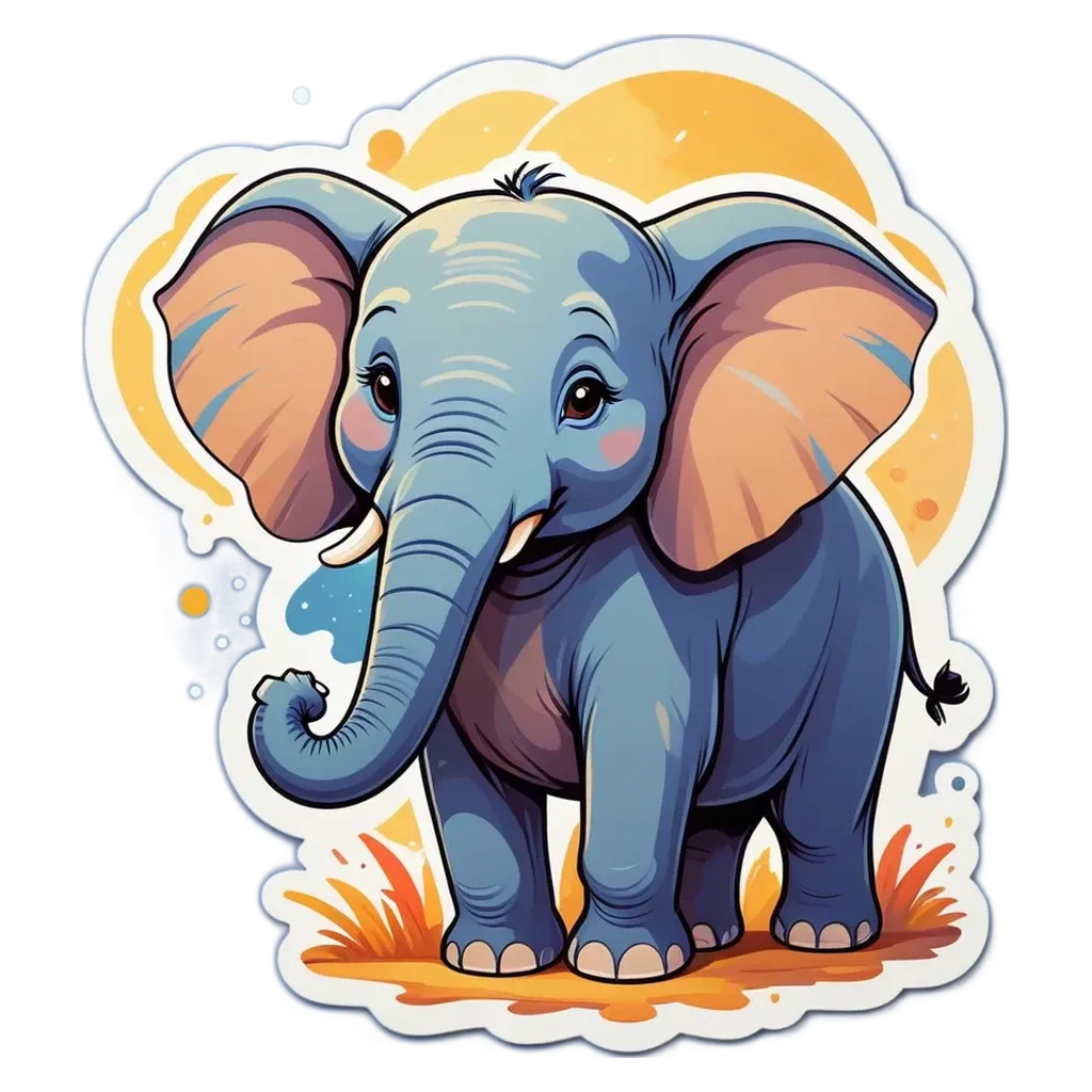 A cartoon elephant with a yellow circle for a eye.
