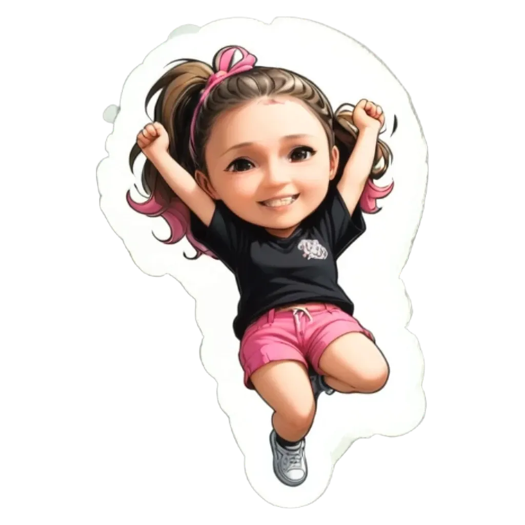 A cartoon girl who looks like she just won a race.