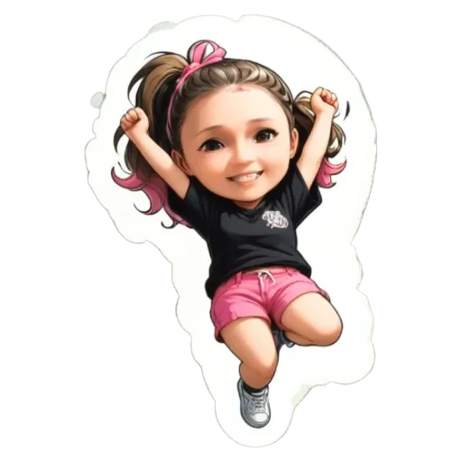 A cartoon girl who looks like she just won a race.