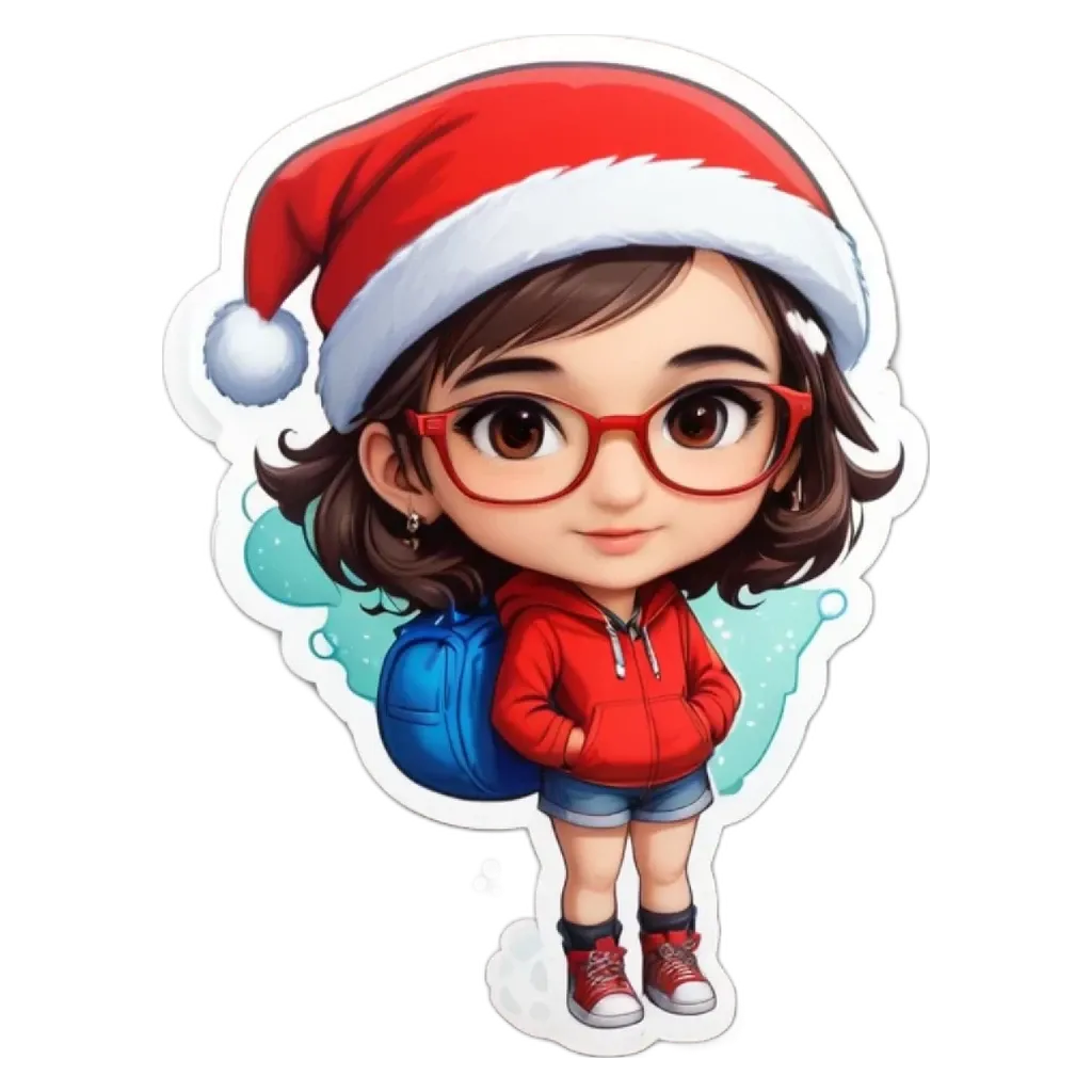 A girl wearing a red jacket and a Santa hat.