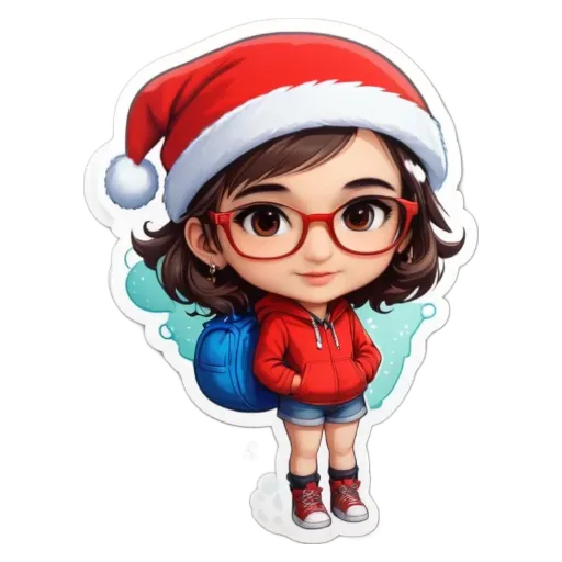 A girl wearing a red jacket and a Santa hat.