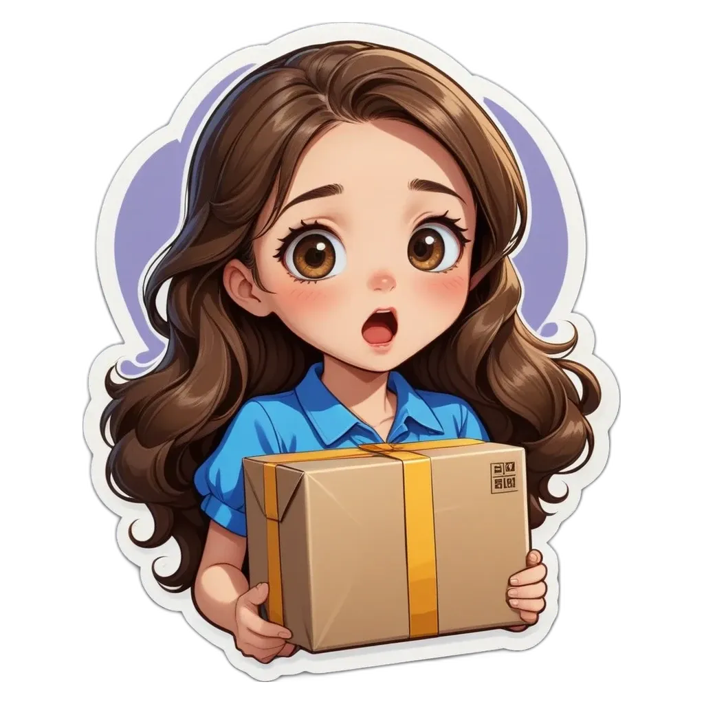 A girl holding a brown box that is labeled as 'delivery'.