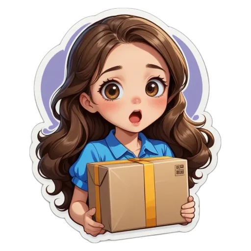 A girl holding a brown box that is labeled as 'delivery'.