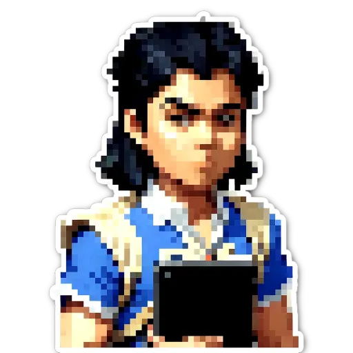 A boy in a blue shirt holding a tablet.