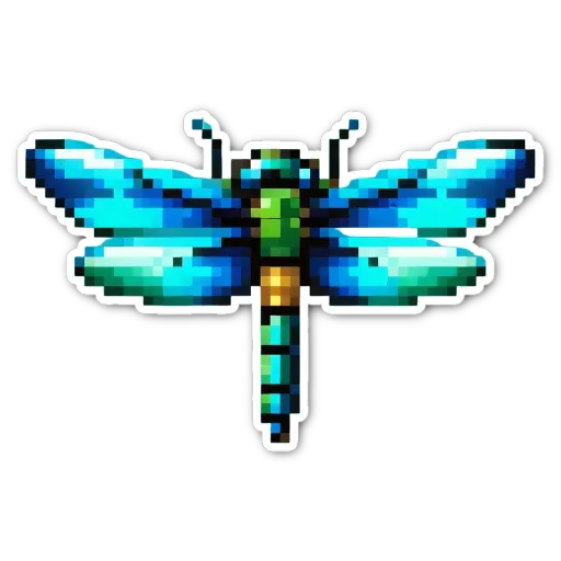 A sticker of a dragonfly with blue wings is on a black background.