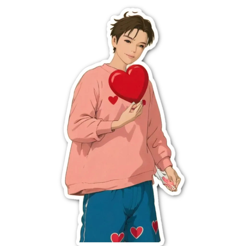 A boy holding a heart shaped sticker in his right hand.