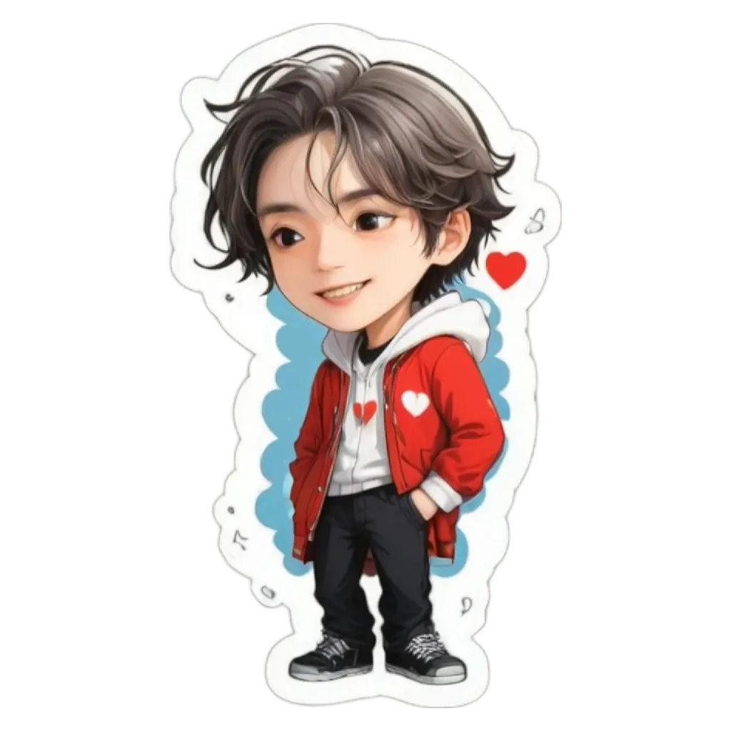 A boy wearing a red jacket with a white heart in the center of it.