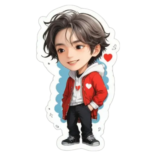 A boy wearing a red jacket with a white heart in the center of it.