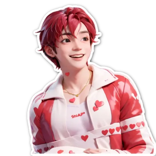 A boy wearing a white and red jacket with hearts on it.
