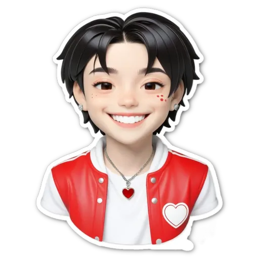 A boy wearing a red and white jacket with a heart in the center of the front of the jacket.