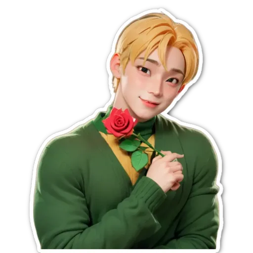A boy holding a rose is in front of a black background.