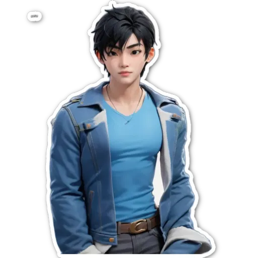A boy wearing a blue jacket stands against a black background.