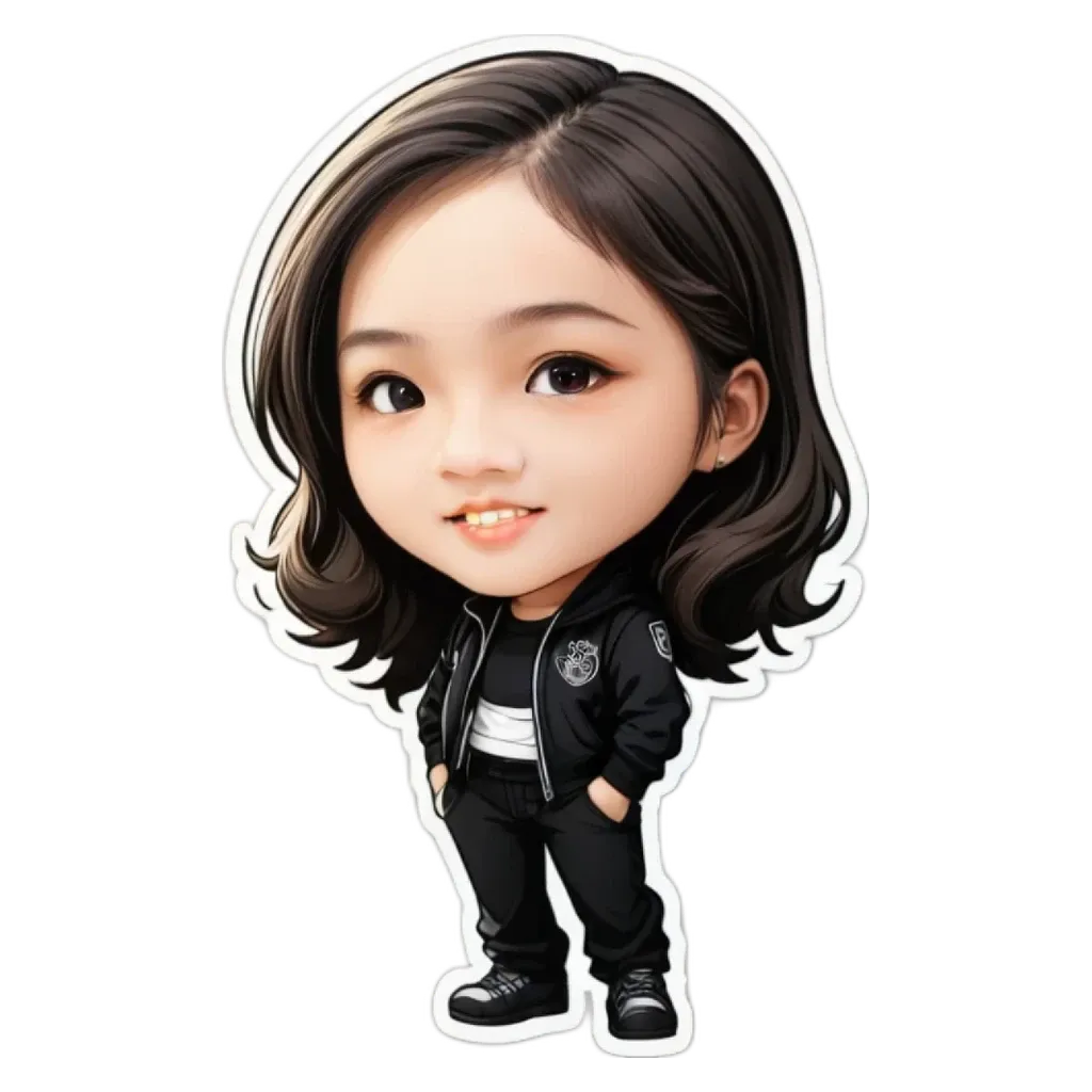 A cartoon girl standing with her hands in her pockets.