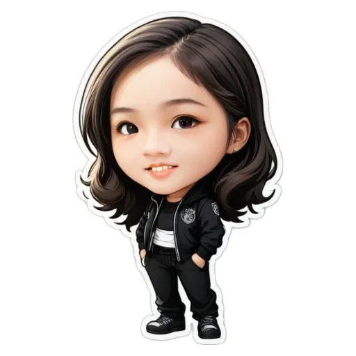 A cartoon girl standing with her hands in her pockets.