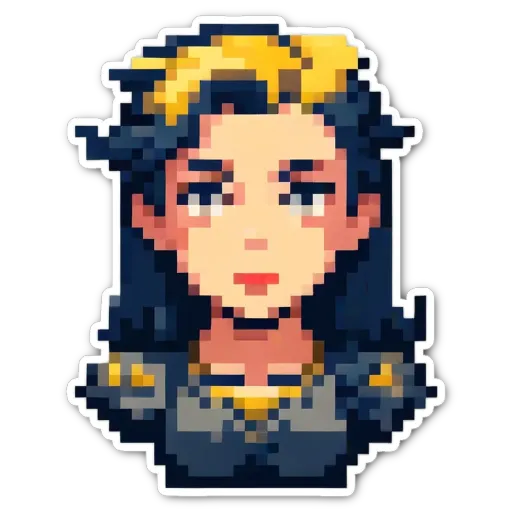 A woman character in a video game is shown with black hair and a gold star around her eye.