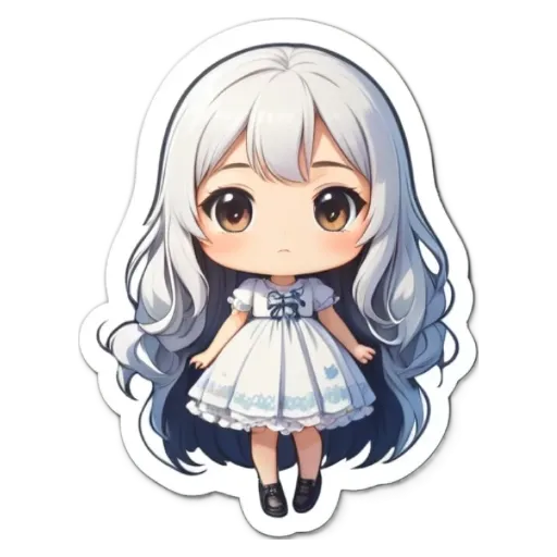A white girl with long hair wearing a white dress.