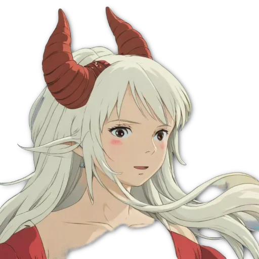 An anime character with horns on her head looking down at something.