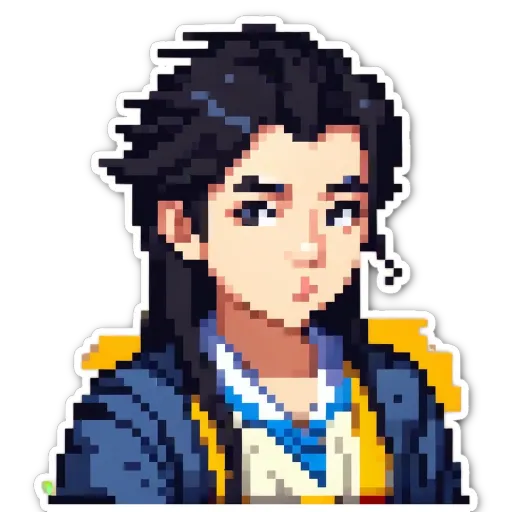 A boy with a yellow shirt and blue jeans that is an art sticker.