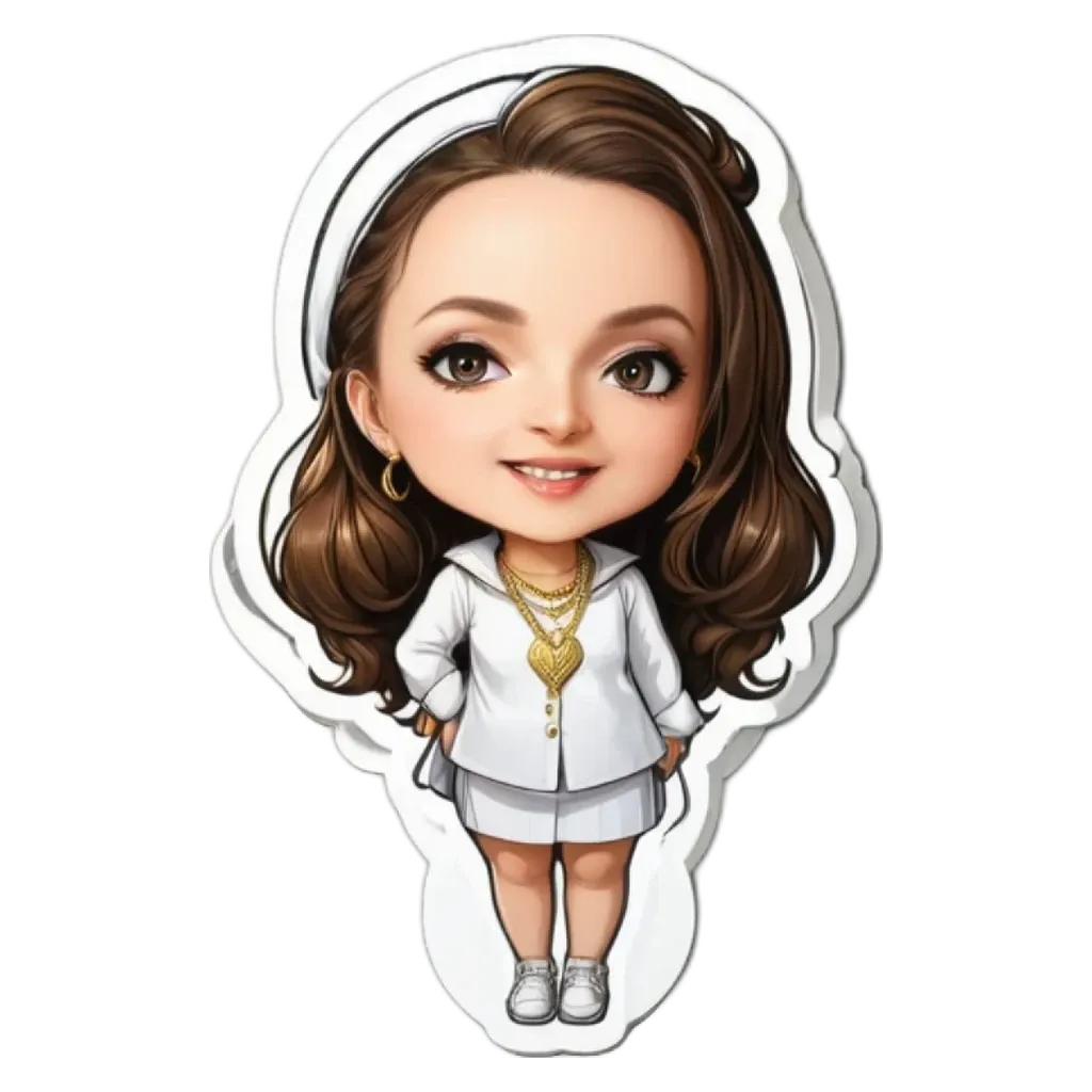 A girl is cut out of a sticker and wearing a white shirt and a necklace.